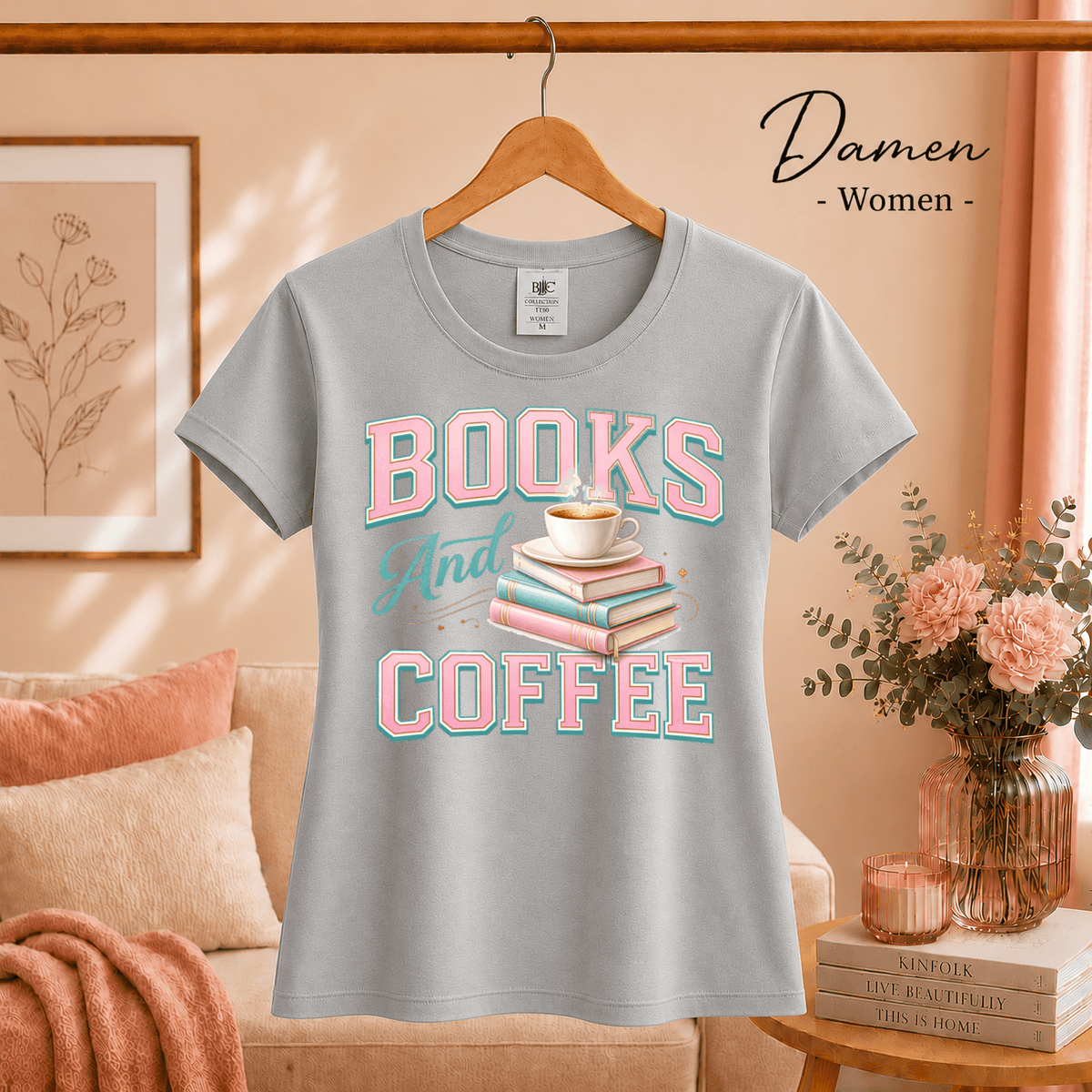 T-Shirt mit 'Books and Coffee' Motiv | Design mit Bücherstapel und Kaffeetasse in Pastell - StyleOne
