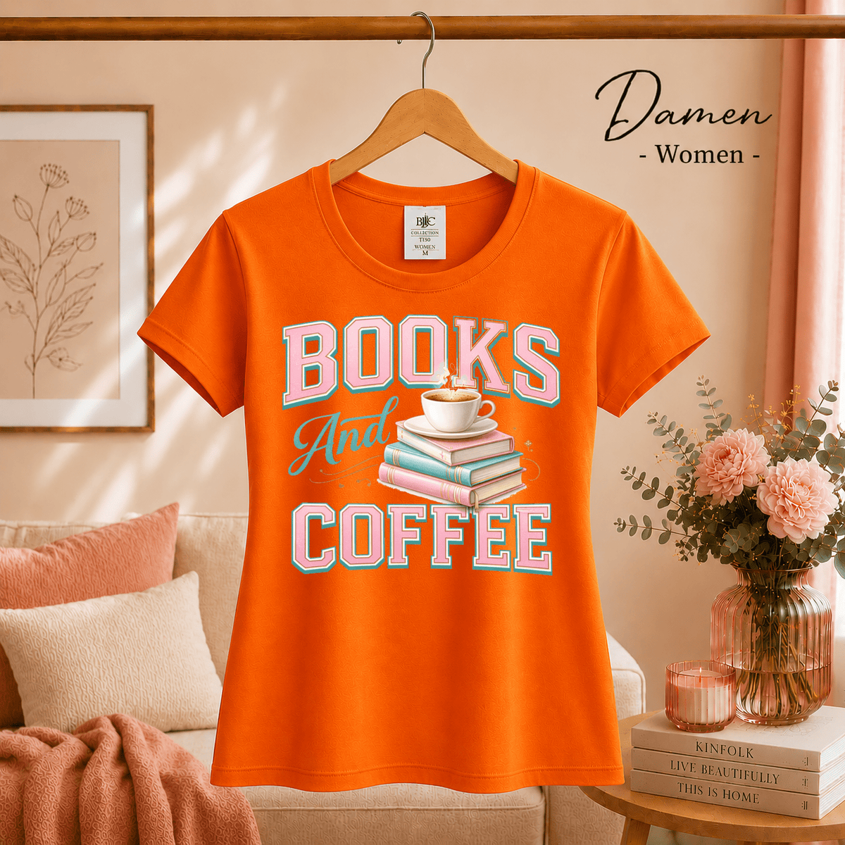 T-Shirt mit 'Books and Coffee' Motiv | Design mit Bücherstapel und Kaffeetasse in Pastell - StyleOne