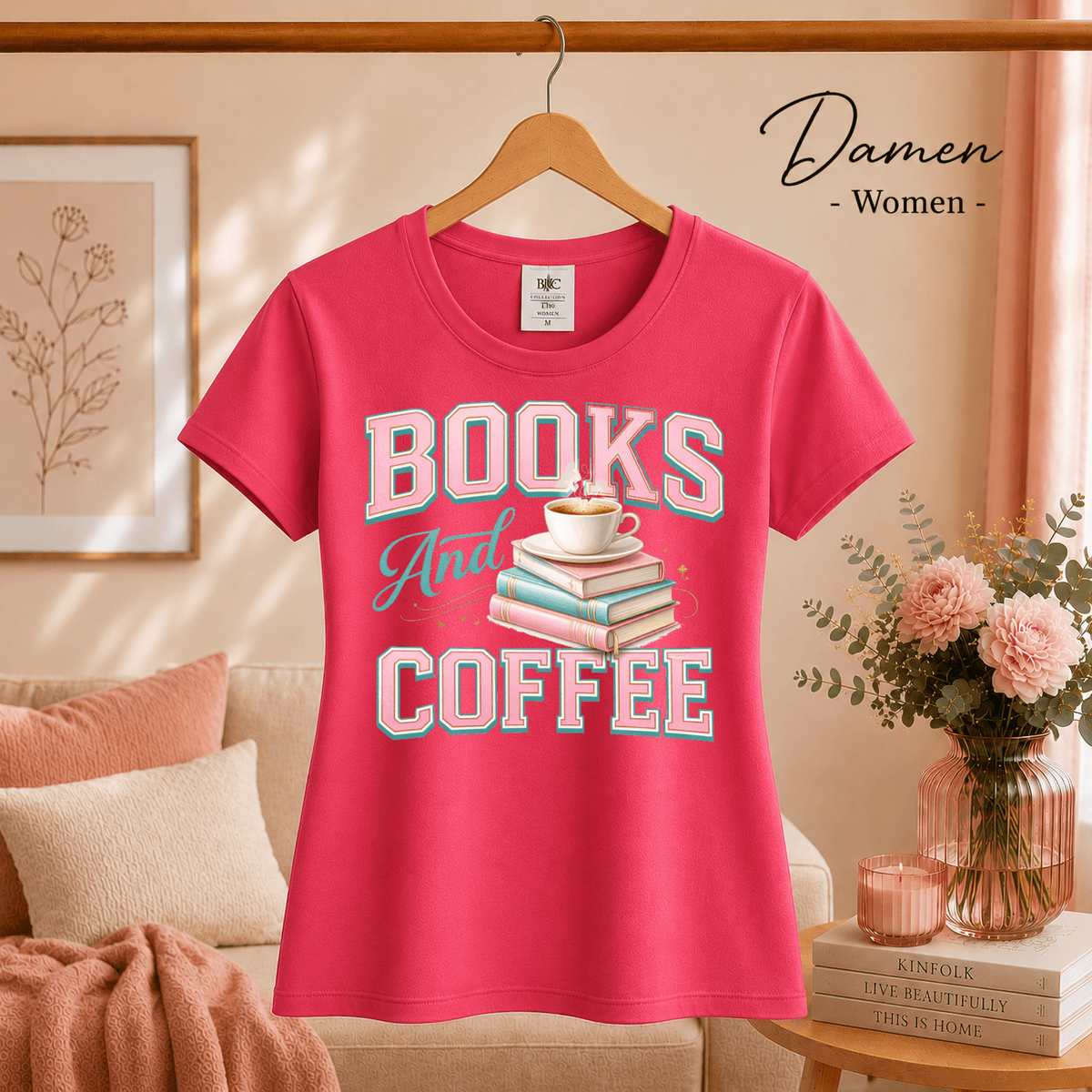 T-Shirt mit 'Books and Coffee' Motiv | Design mit Bücherstapel und Kaffeetasse in Pastell - StyleOne
