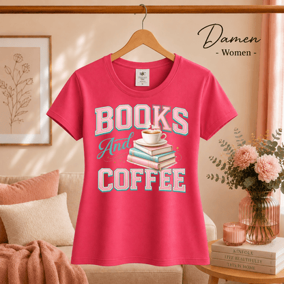 T-Shirt mit 'Books and Coffee' Motiv | Design mit Bücherstapel und Kaffeetasse in Pastell - StyleOne