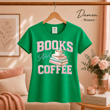 T-Shirt mit 'Books and Coffee' Motiv | Design mit Bücherstapel und Kaffeetasse in Pastell - StyleOne