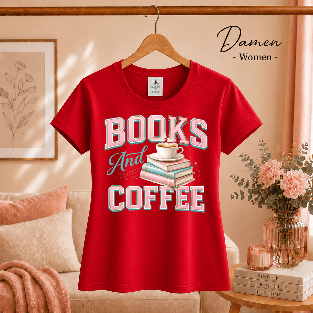T-Shirt mit 'Books and Coffee' Motiv | Design mit Bücherstapel und Kaffeetasse in Pastell - StyleOne
