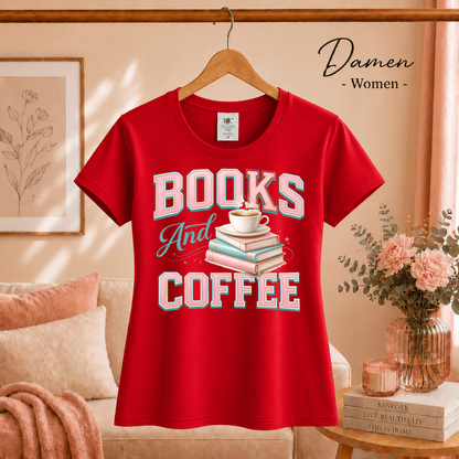 T-Shirt mit 'Books and Coffee' Motiv | Design mit Bücherstapel und Kaffeetasse in Pastell - StyleOne