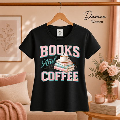 T-Shirt mit 'Books and Coffee' Motiv | Design mit Bücherstapel und Kaffeetasse in Pastell - StyleOne