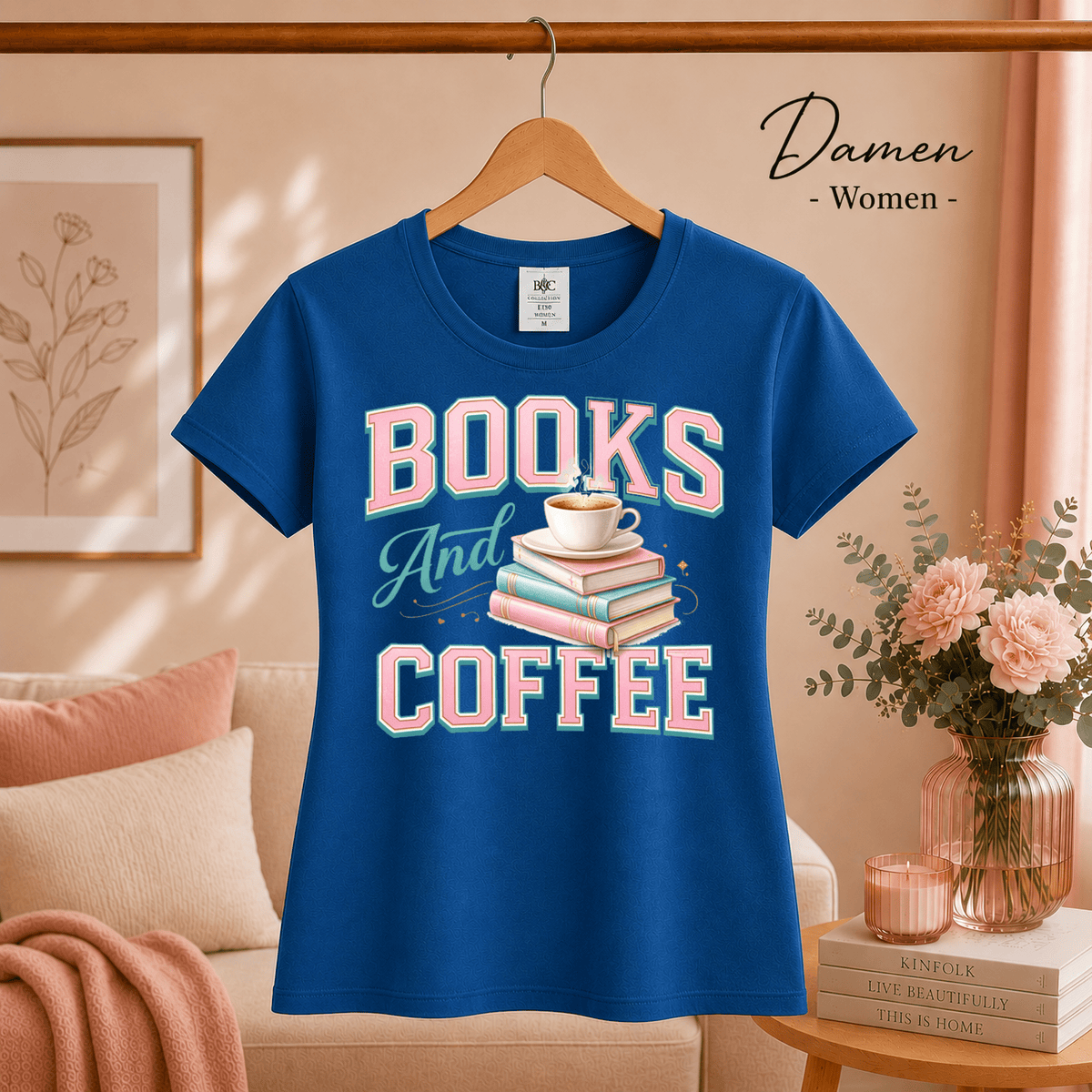T-Shirt mit 'Books and Coffee' Motiv | Design mit Bücherstapel und Kaffeetasse in Pastell - StyleOne