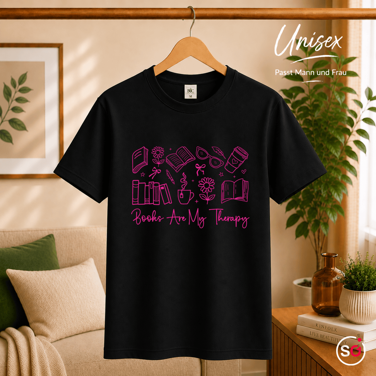 T-Shirt mit 'Books Are My Therapy' Spruch & Doodle-Icons für Buchliebhaber - StyleOne