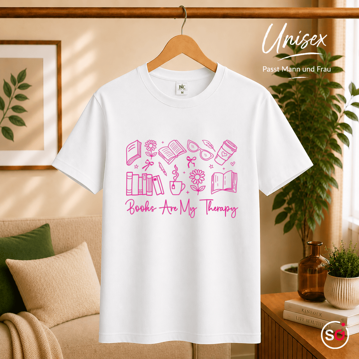 T-Shirt mit 'Books Are My Therapy' Spruch & Doodle-Icons für Buchliebhaber - StyleOne