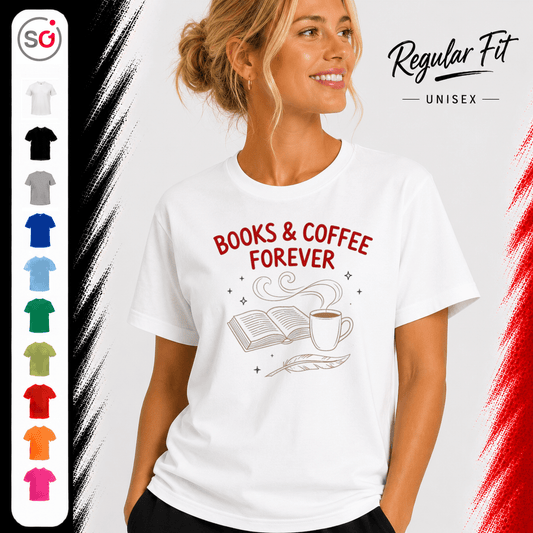 T-Shirt mit "Books & Coffee Forever" Design | Illustration für Leseratten & Kaffeeliebhaber - StyleOne