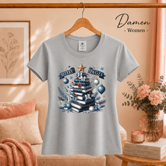 T-Shirt mit Bücher-Weihnachtsbaum Motiv & Spruch 'Merry Pages' für Leseratten - StyleOne