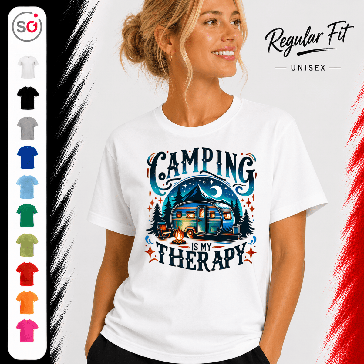 T-Shirt mit 'Camping is my Therapy' Spruch | Retro Wohnwagen am Lagerfeuer Design - StyleOne