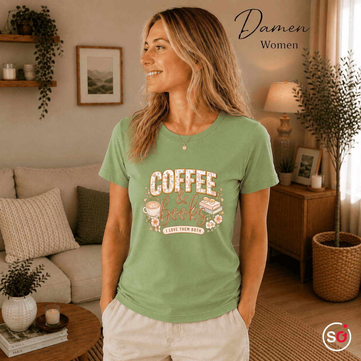 T-Shirt mit Coffee & Books Design | Floral-verzierter Spruch für Bücher- und Kaffeeliebhaber - StyleOne