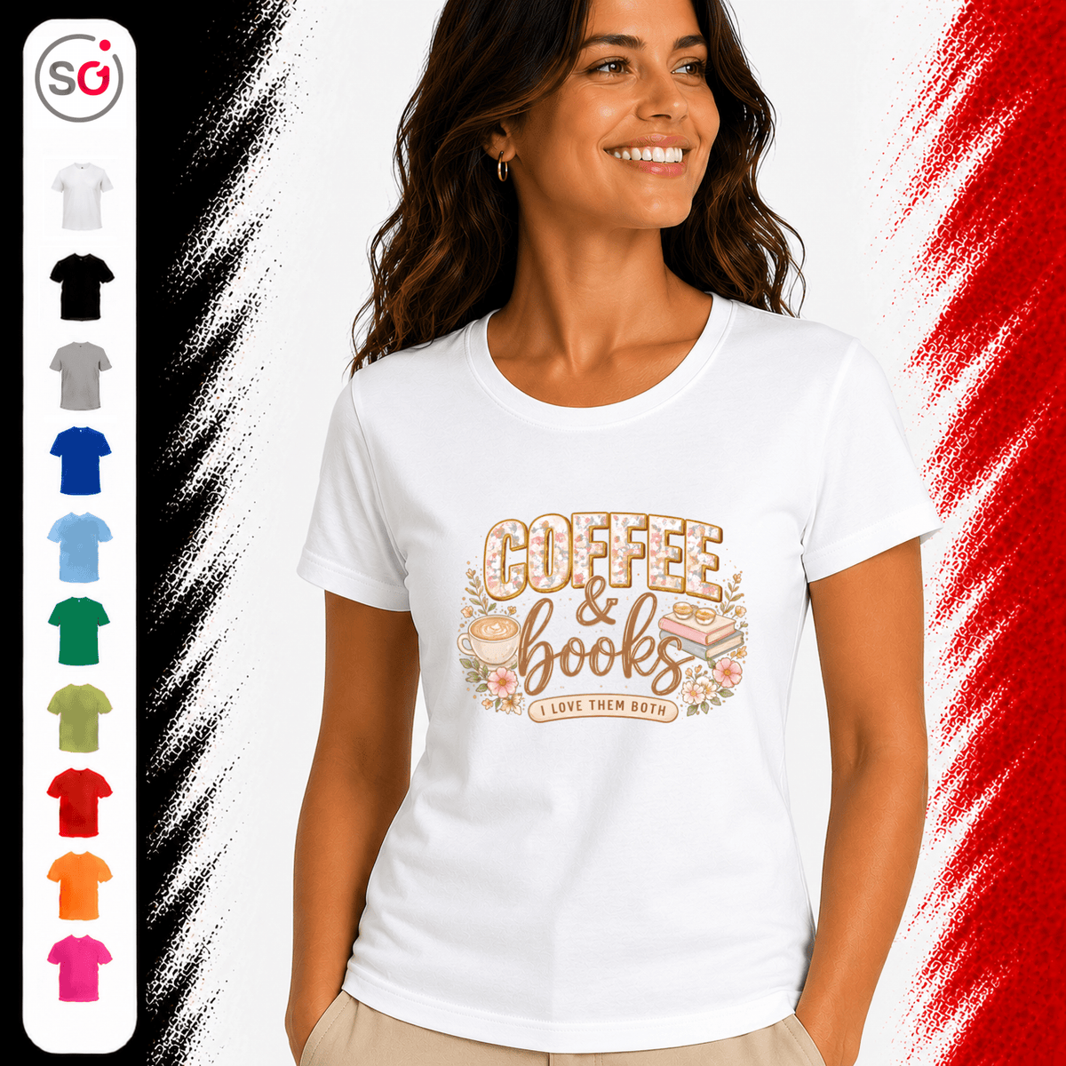 T-Shirt mit Coffee & Books Design | Floral-verzierter Spruch für Bücher- und Kaffeeliebhaber - StyleOne