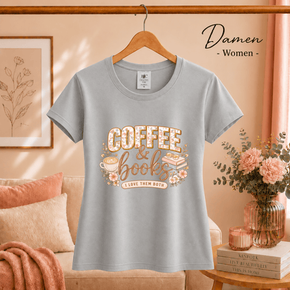 T-Shirt mit Coffee & Books Design | Floral-verzierter Spruch für Bücher- und Kaffeeliebhaber - StyleOne