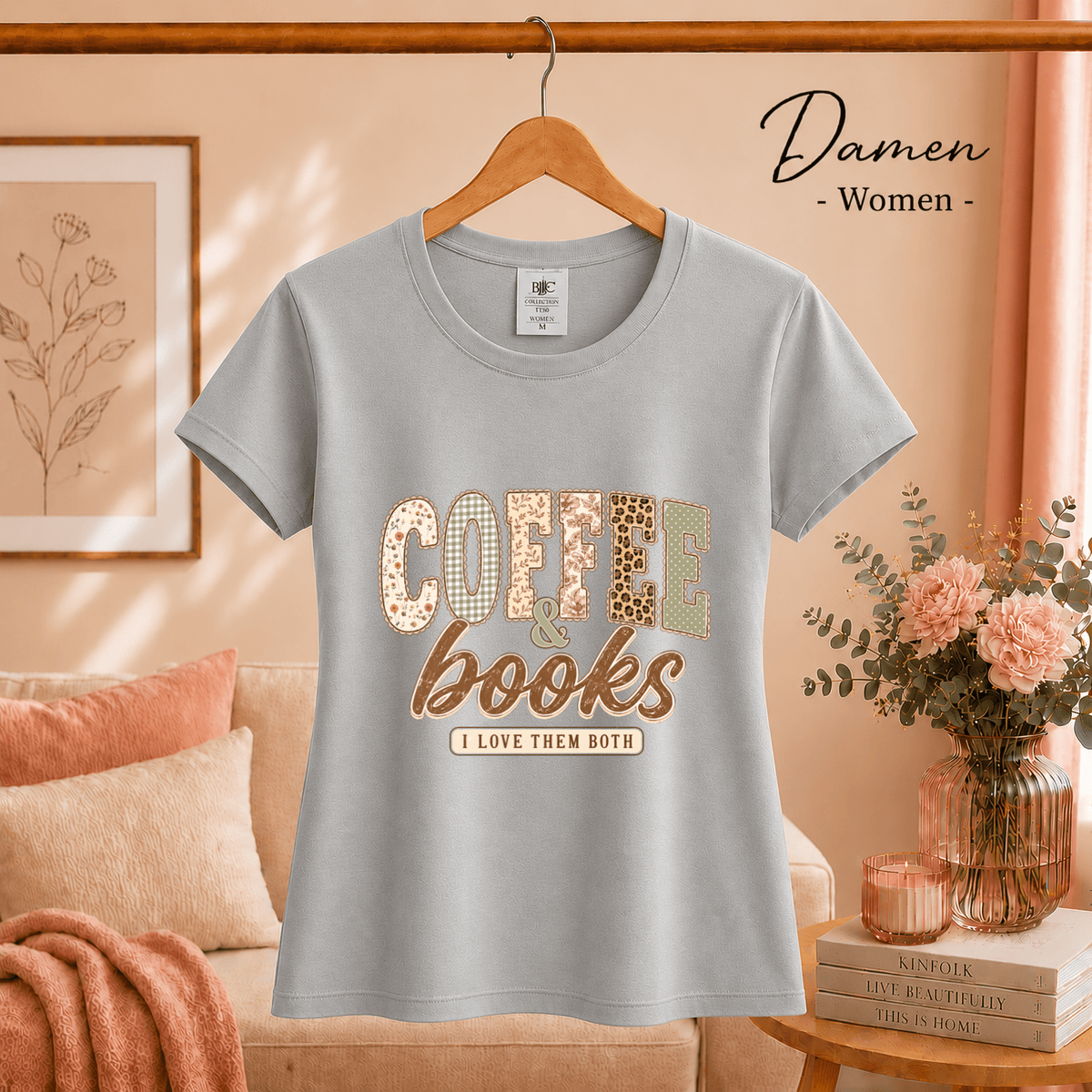 T-Shirt mit 'Coffee & Books' Spruch im verspielten Patchwork-Design mit Leo- und Blumenmuster - StyleOne