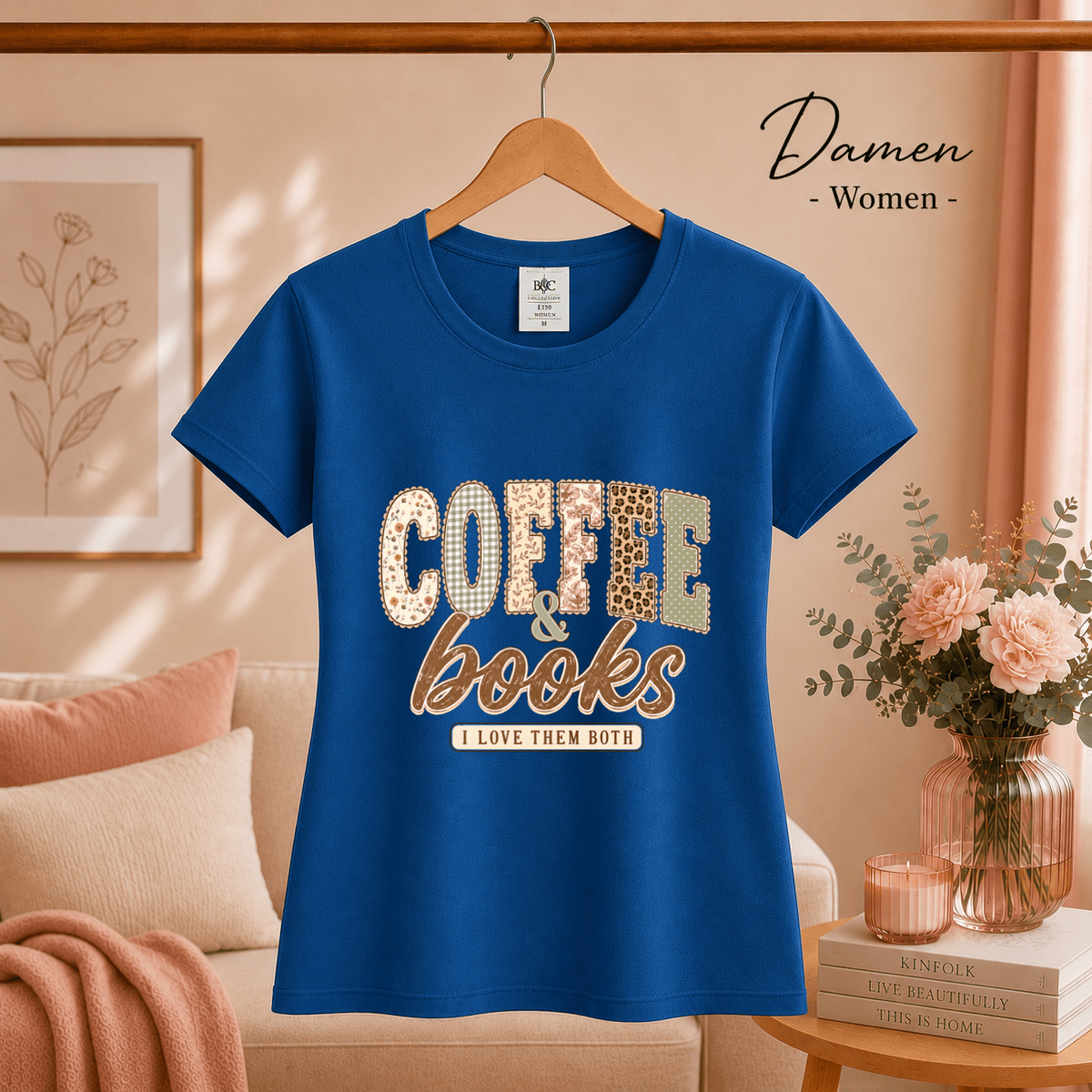 T-Shirt mit 'Coffee & Books' Spruch im verspielten Patchwork-Design mit Leo- und Blumenmuster - StyleOne