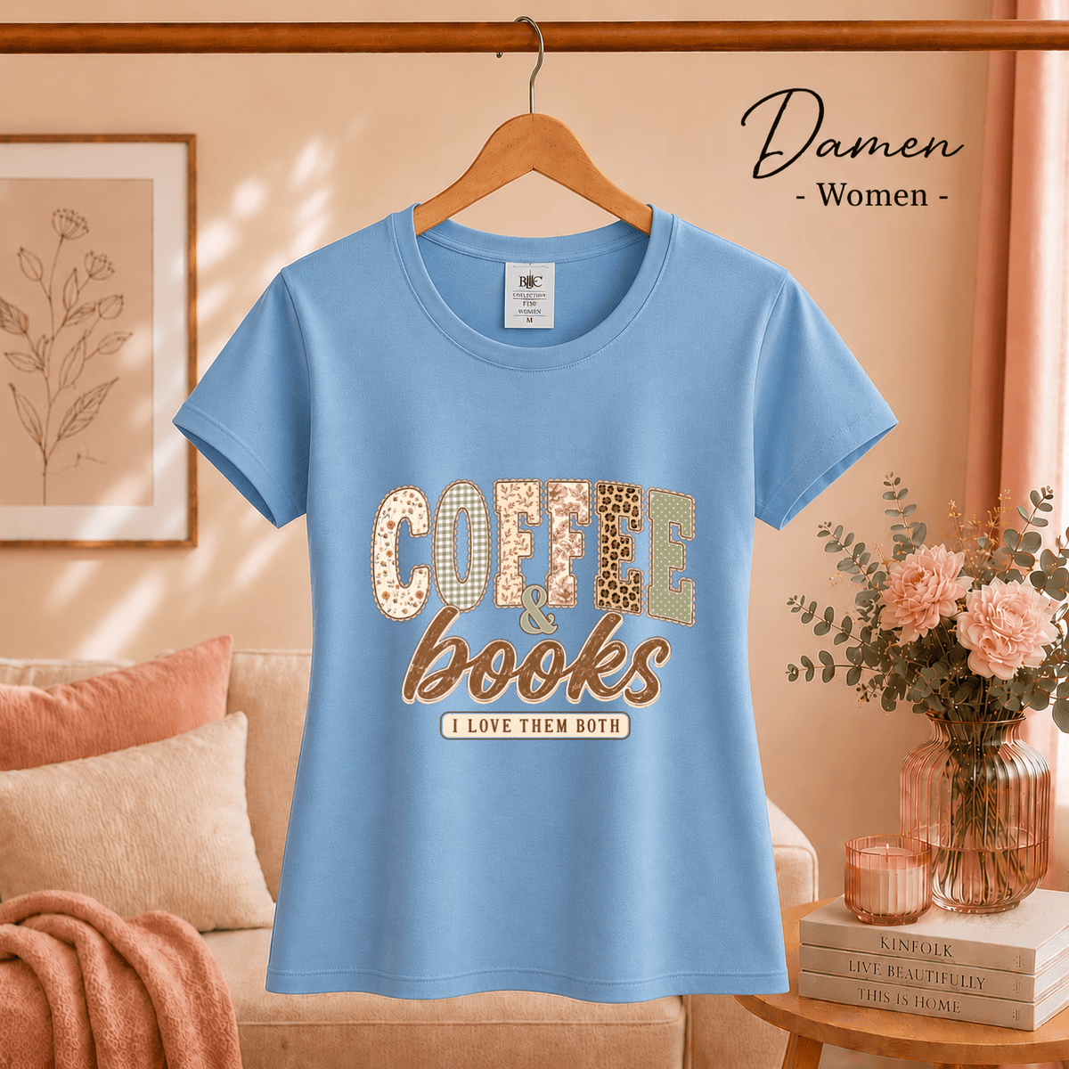 T-Shirt mit 'Coffee & Books' Spruch im verspielten Patchwork-Design mit Leo- und Blumenmuster - StyleOne