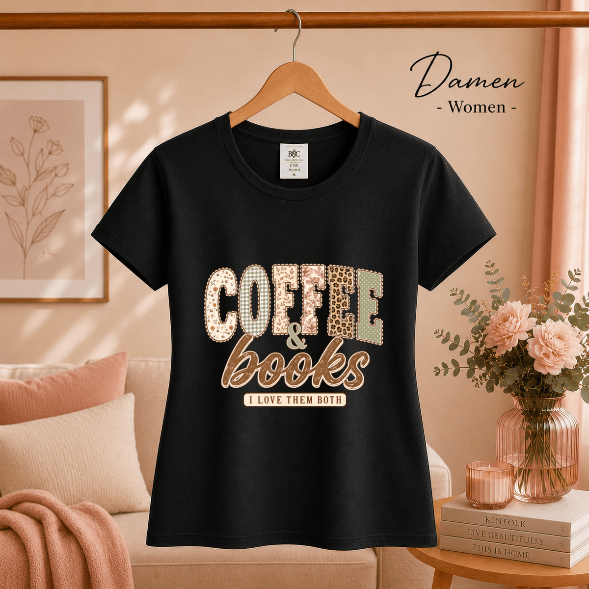 T-Shirt mit 'Coffee & Books' Statement-Aufdruck im verspielten Patchwork-Design - StyleOne
