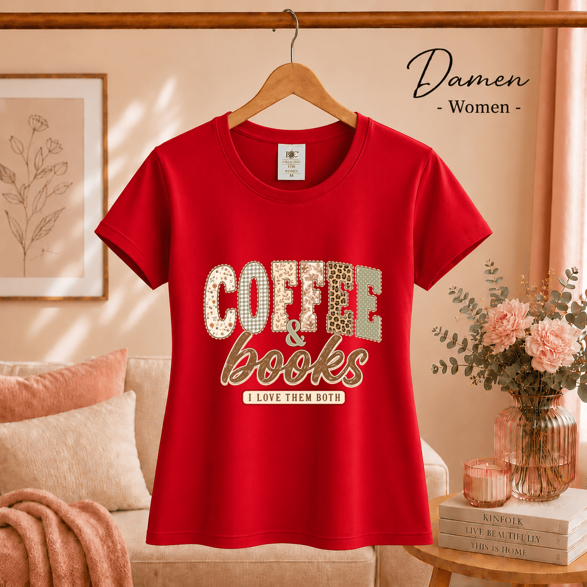 T-Shirt mit 'Coffee & Books' Statement-Aufdruck im verspielten Patchwork-Design - StyleOne