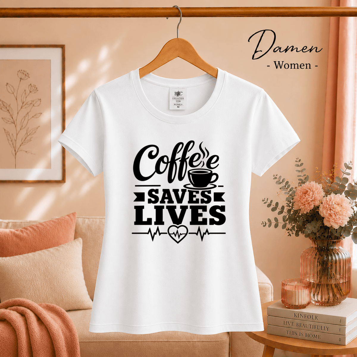 T-Shirt mit 'Coffee Saves Lives' Spruch und Herzschlag-EKG-Motiv - StyleOne