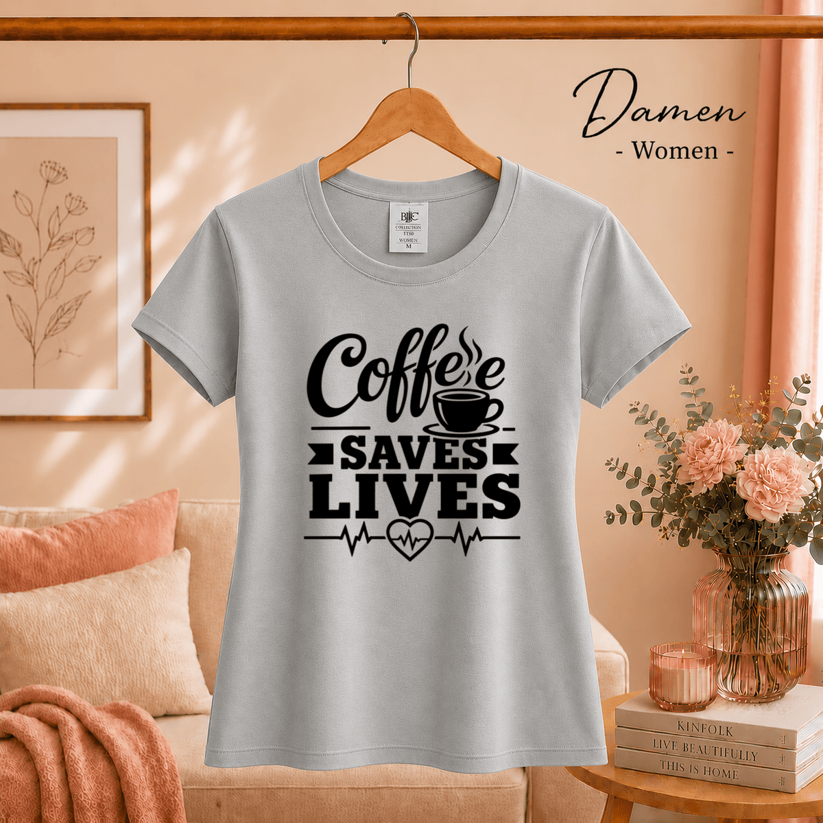 T-Shirt mit 'Coffee Saves Lives' Spruch und Herzschlag-EKG-Motiv - StyleOne