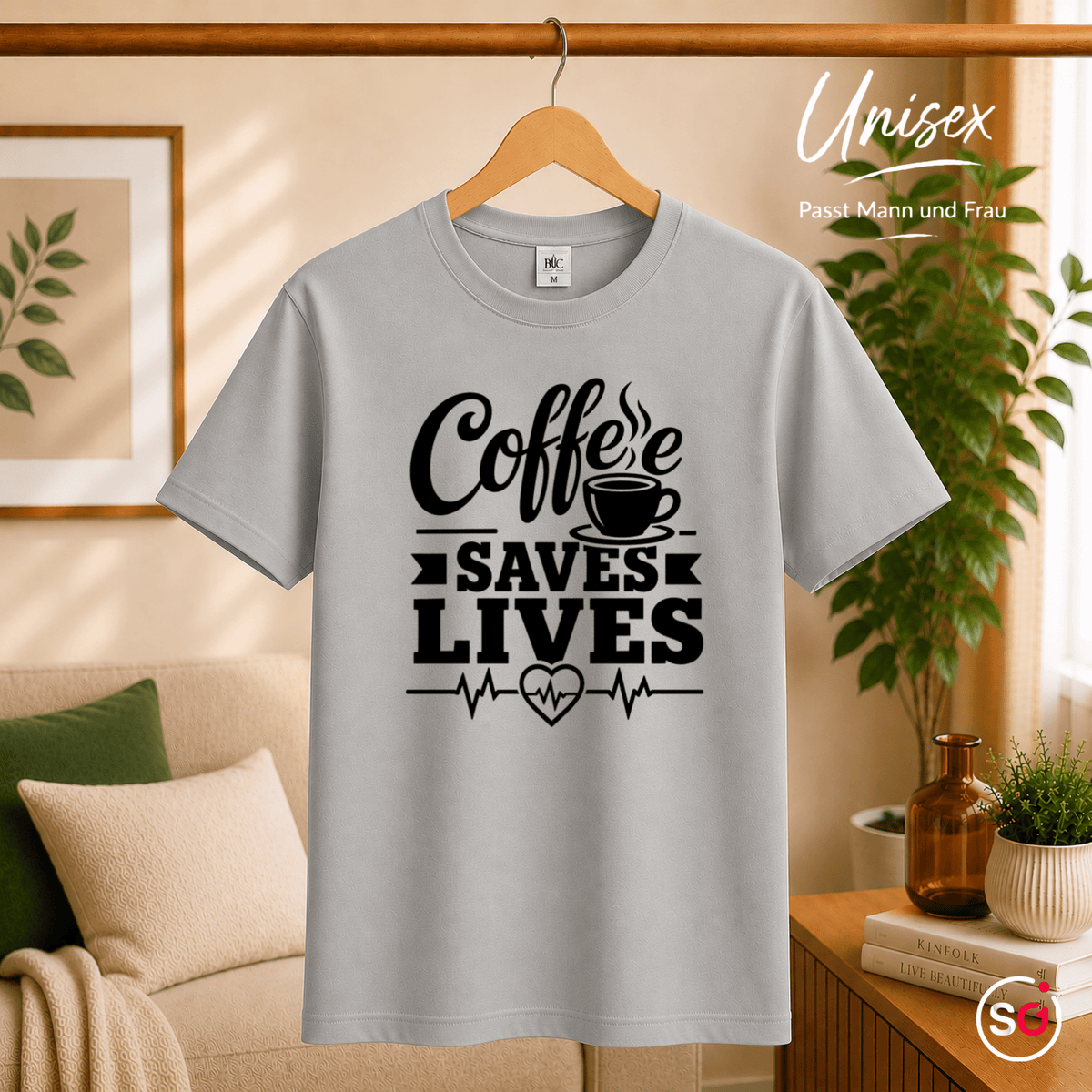 T-Shirt mit 'Coffee Saves Lives' Spruch und Herzschlag-EKG-Motiv - StyleOne