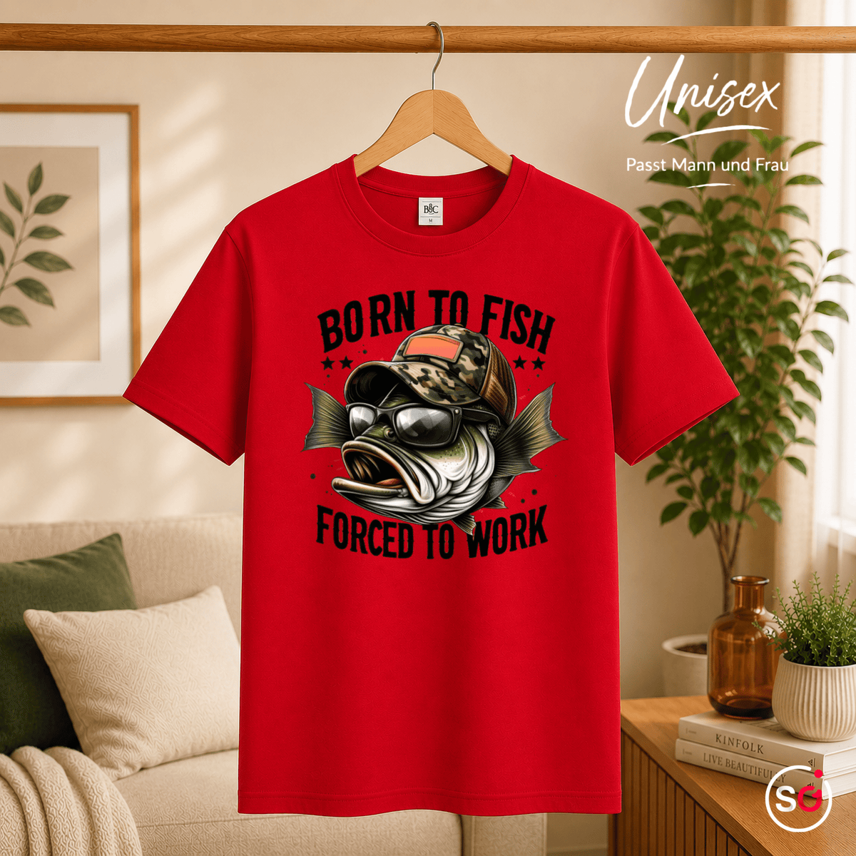 T-Shirt mit coolem Angler-Fisch | Spruch: Born to Fish Forced to Work - StyleOne