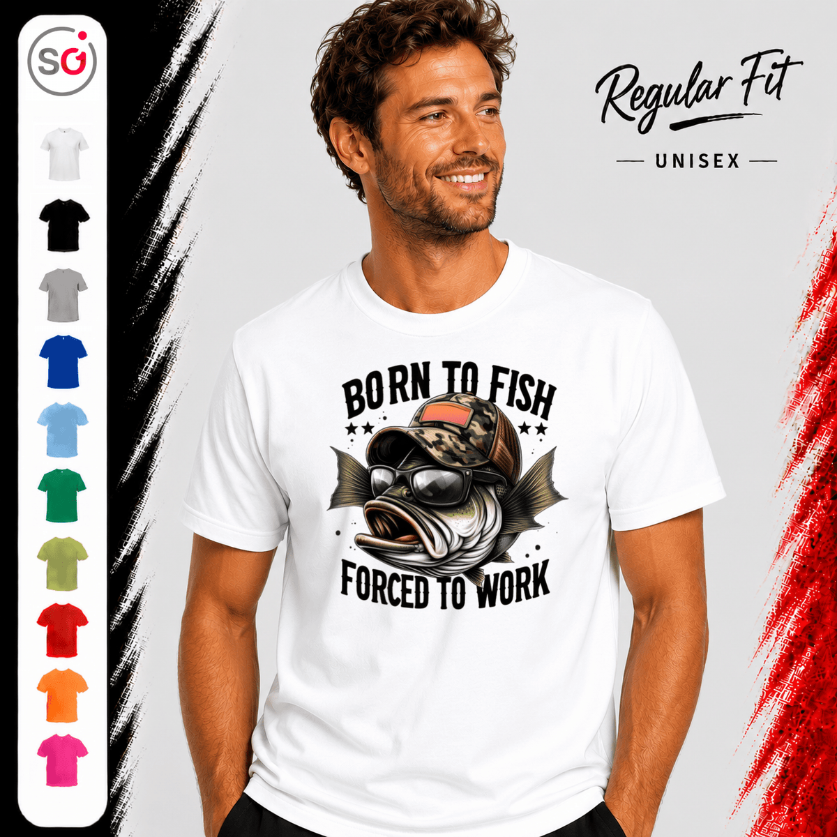 T-Shirt mit coolem Angler-Fisch | Spruch: Born to Fish Forced to Work - StyleOne