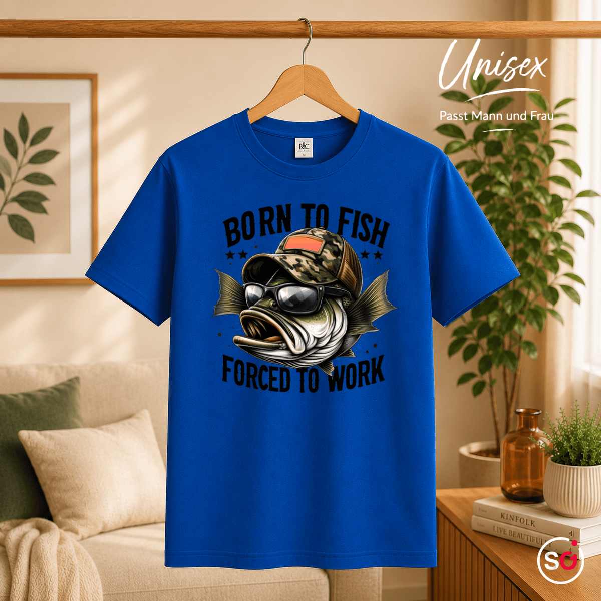 T-Shirt mit coolem Angler-Fisch | Spruch: Born to Fish Forced to Work - StyleOne