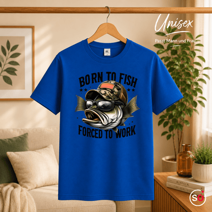 T-Shirt mit coolem Angler-Fisch | Spruch: Born to Fish Forced to Work - StyleOne
