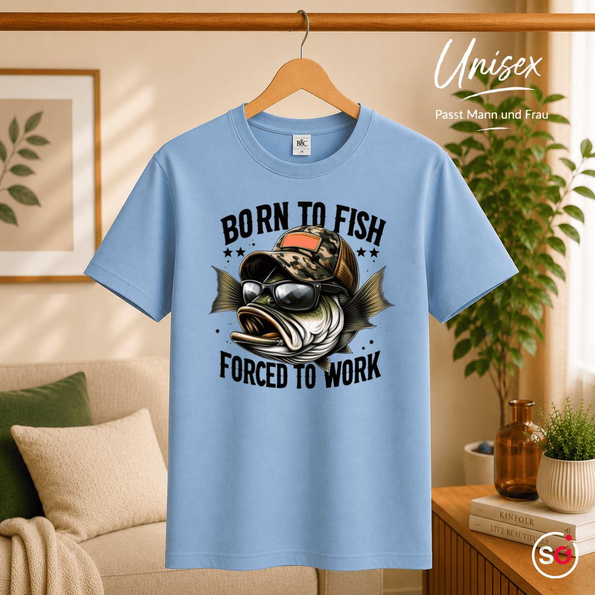 T-Shirt mit coolem Angler-Fisch | Spruch: Born to Fish Forced to Work - StyleOne