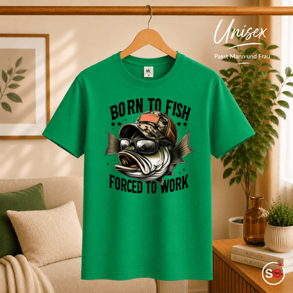T-Shirt mit coolem Angler-Fisch | Spruch: Born to Fish Forced to Work - StyleOne