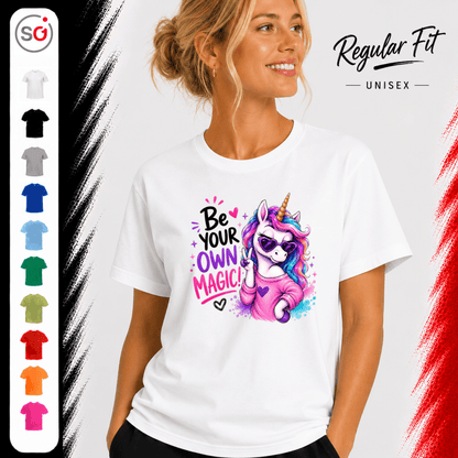 T-Shirt mit coolem Einhorn & Spruch "Be Your Own Magic" | Magisches Statement-Design - StyleOne