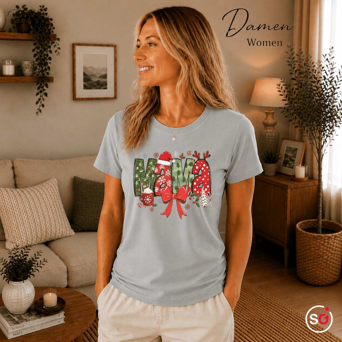 T-Shirt mit festlichem MAMA Schriftzug, Weihnachtsmütze und Rentier-Geweih - StyleOne