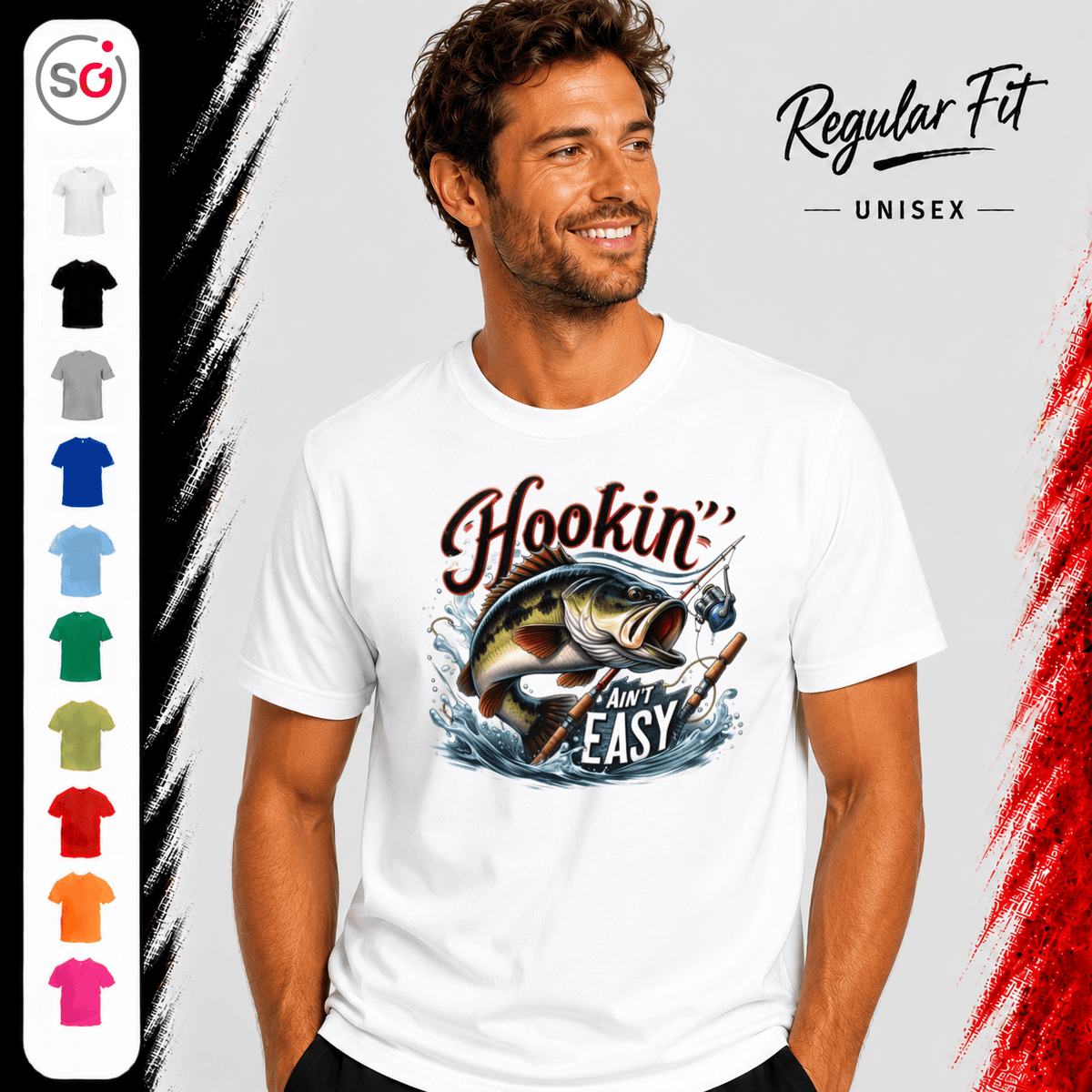 T-Shirt mit 'Hookin' Ain't Easy' Spruch | Dynamisches Barsch-Angelmotiv im Comic-Stil - StyleOne