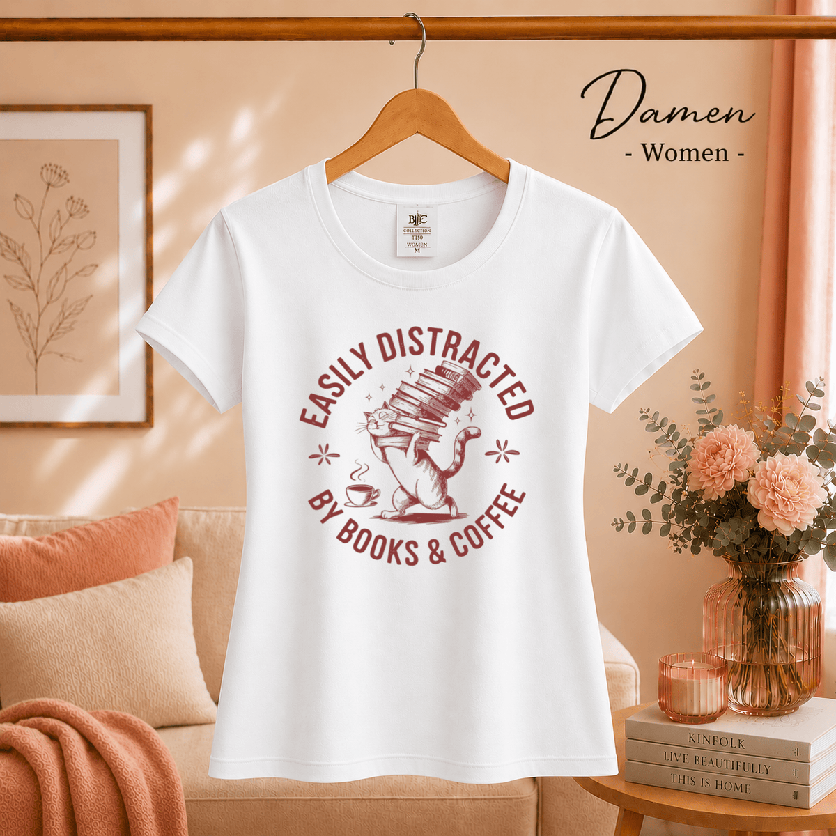 T-Shirt mit Katze und Bücherstapel | Easily Distracted by Books & Coffee Spruch - StyleOne