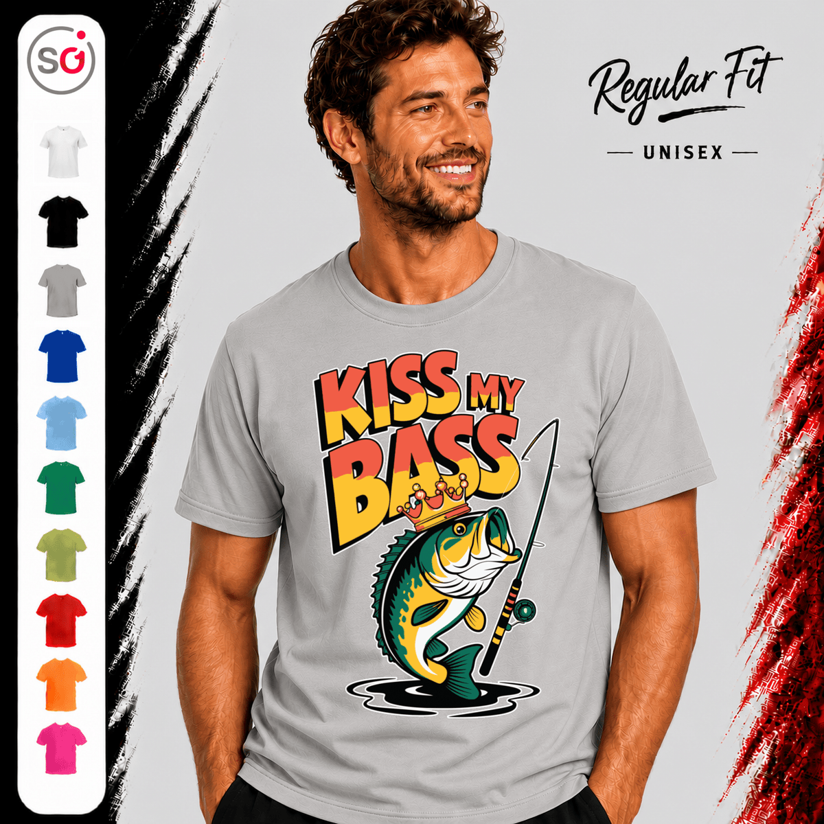 T-Shirt mit "Kiss My Bass" Spruch – Lustiges Angler-Design mit gekröntem Barsch - StyleOne