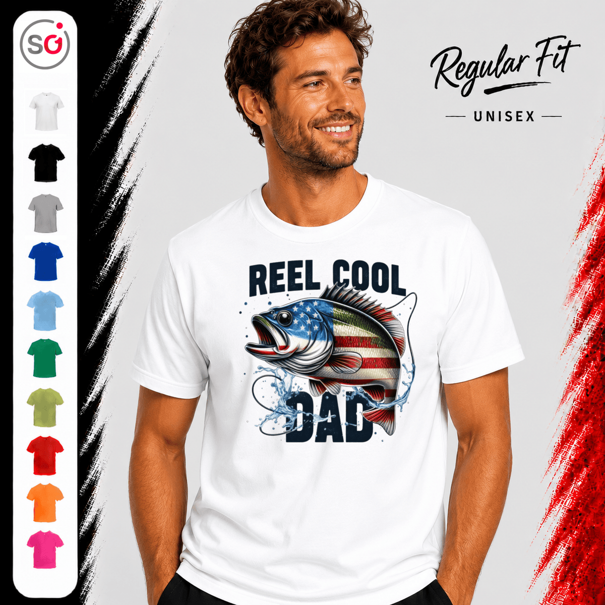 T-Shirt mit "Reel Cool Dad" Angler-Fisch im patriotischen USA-Flaggen-Design - StyleOne