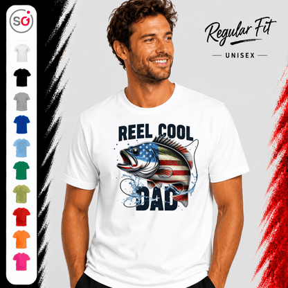 T-Shirt mit "Reel Cool Dad" Angler-Fisch im patriotischen USA-Flaggen-Design - StyleOne