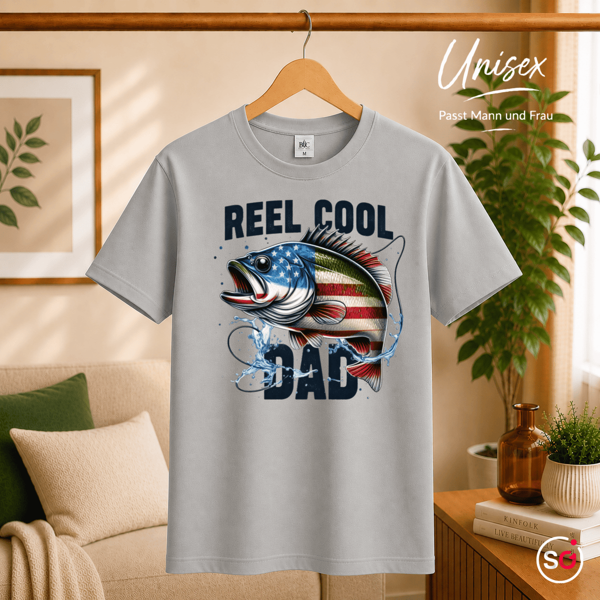 T-Shirt mit "Reel Cool Dad" Angler-Fisch im patriotischen USA-Flaggen-Design - StyleOne