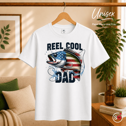 T-Shirt mit "Reel Cool Dad" Angler-Fisch im patriotischen USA-Flaggen-Design - StyleOne