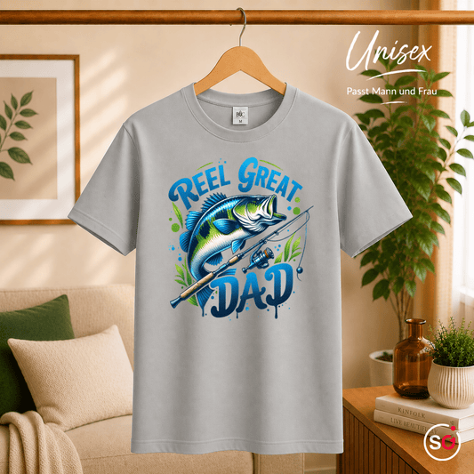T-Shirt mit "Reel Great Dad" Angler-Spruch und coolem Barsch-Motiv | Geschenk für Väter - StyleOne