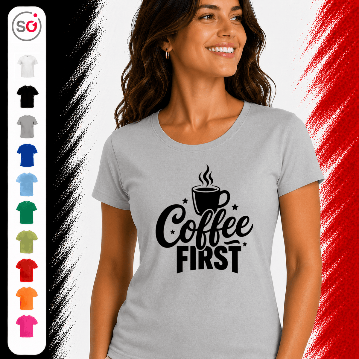 T-Shirt mit Spruch "Coffee First" und dampfender Kaffeetasse - StyleOne