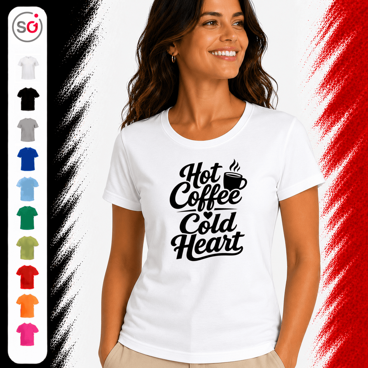 T-Shirt mit Spruch „Hot Coffee Cold Heart“ | Ironisches Design für Kaffeeliebhaber - StyleOne