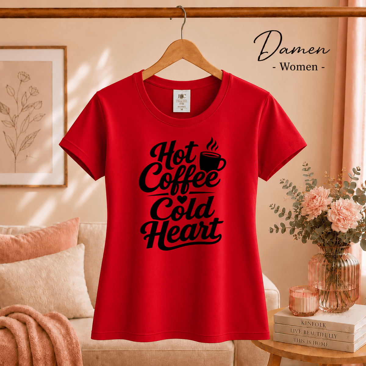 T-Shirt mit Spruch „Hot Coffee Cold Heart“ | Ironisches Design für Kaffeeliebhaber - StyleOne