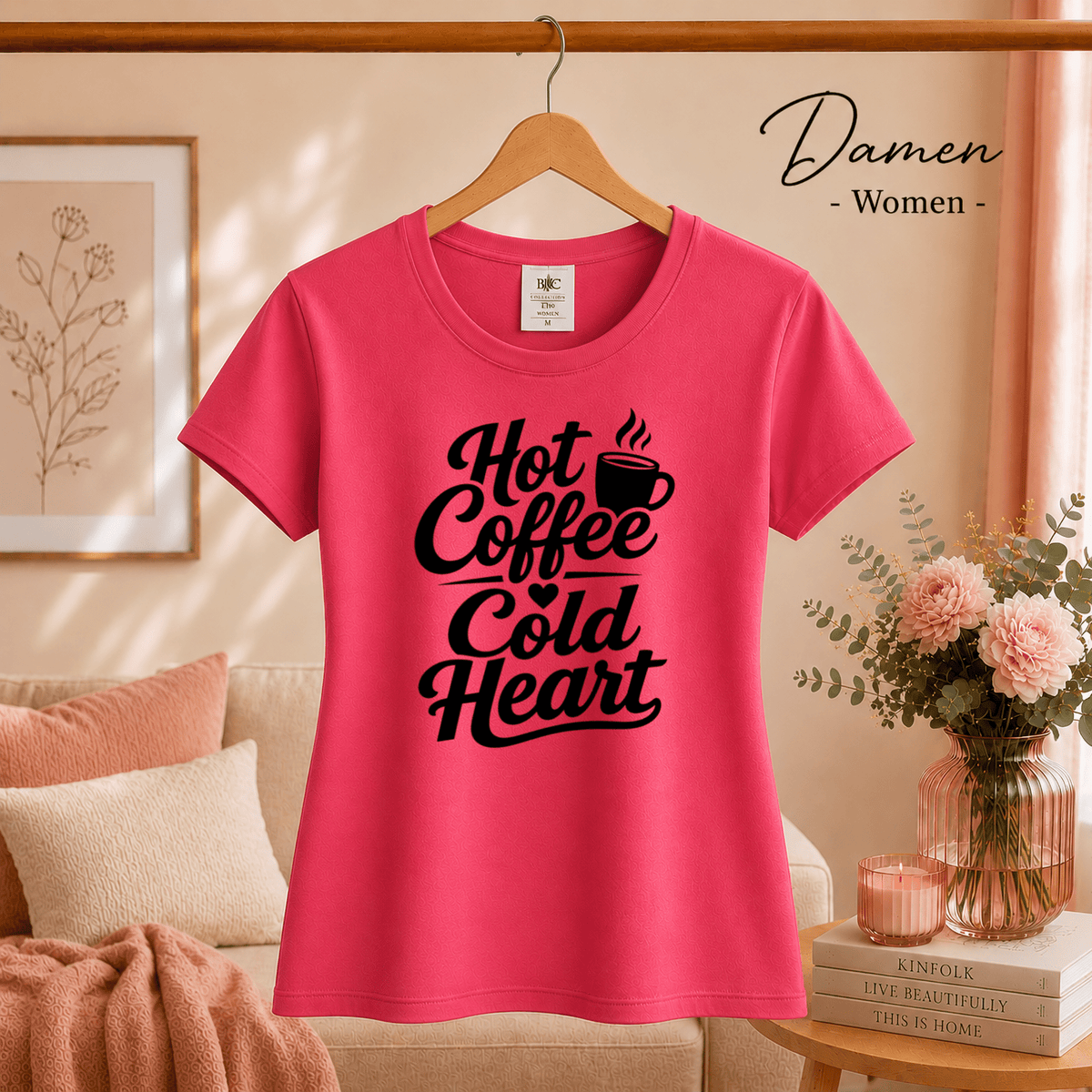 T-Shirt mit Spruch „Hot Coffee Cold Heart“ | Ironisches Design für Kaffeeliebhaber - StyleOne