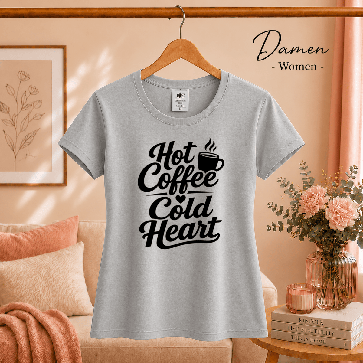 T-Shirt mit Spruch „Hot Coffee Cold Heart“ | Ironisches Design für Kaffeeliebhaber - StyleOne