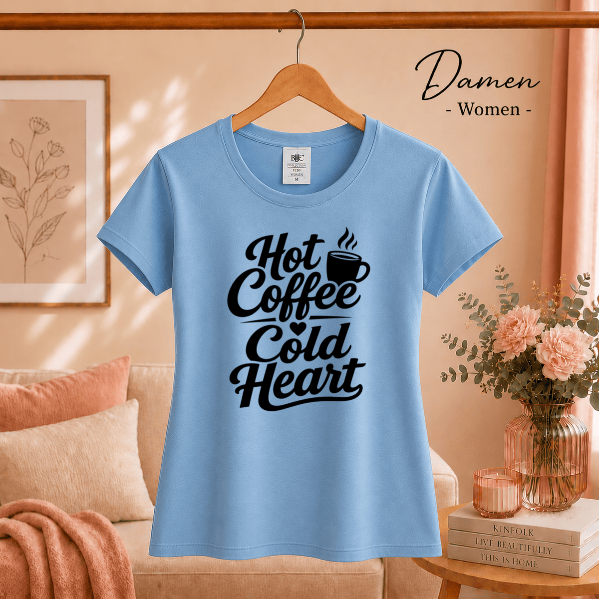 T-Shirt mit Spruch „Hot Coffee Cold Heart“ | Ironisches Design für Kaffeeliebhaber - StyleOne