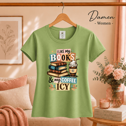 T-Shirt mit Spruch 'I Like My Books & My Coffee Icy' | Design für Leseratten & Kaffeeliebhaber - StyleOne