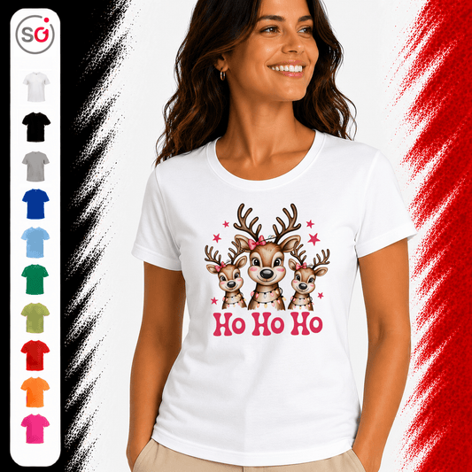 T-Shirt mit süßer Rentier Familie und „Ho Ho Ho“ Schriftzug für Weihnachten - StyleOne