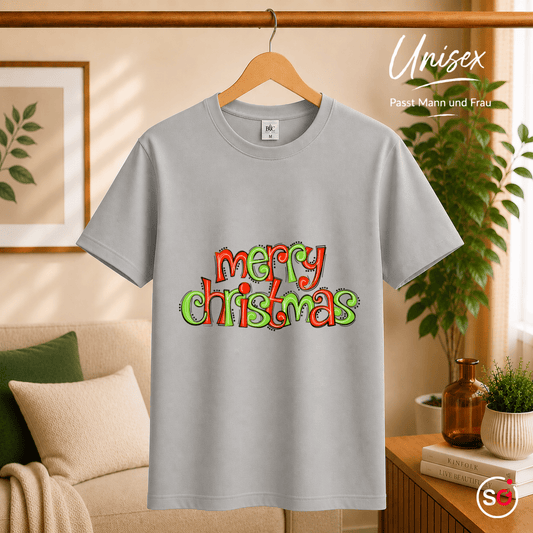 T-Shirt mit verspieltem 'Merry Christmas' Schriftzug in Rot & Grün - StyleOne